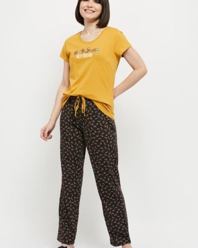 Women Printed T-shirt With Drawstring Waist Pyjamas