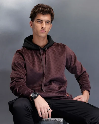 Velvet-finish Check-texture hoodie | Wine
