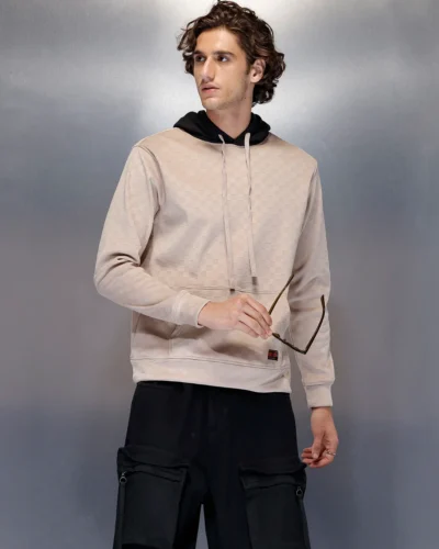 Men’s check-textured & black hoodie | Beige