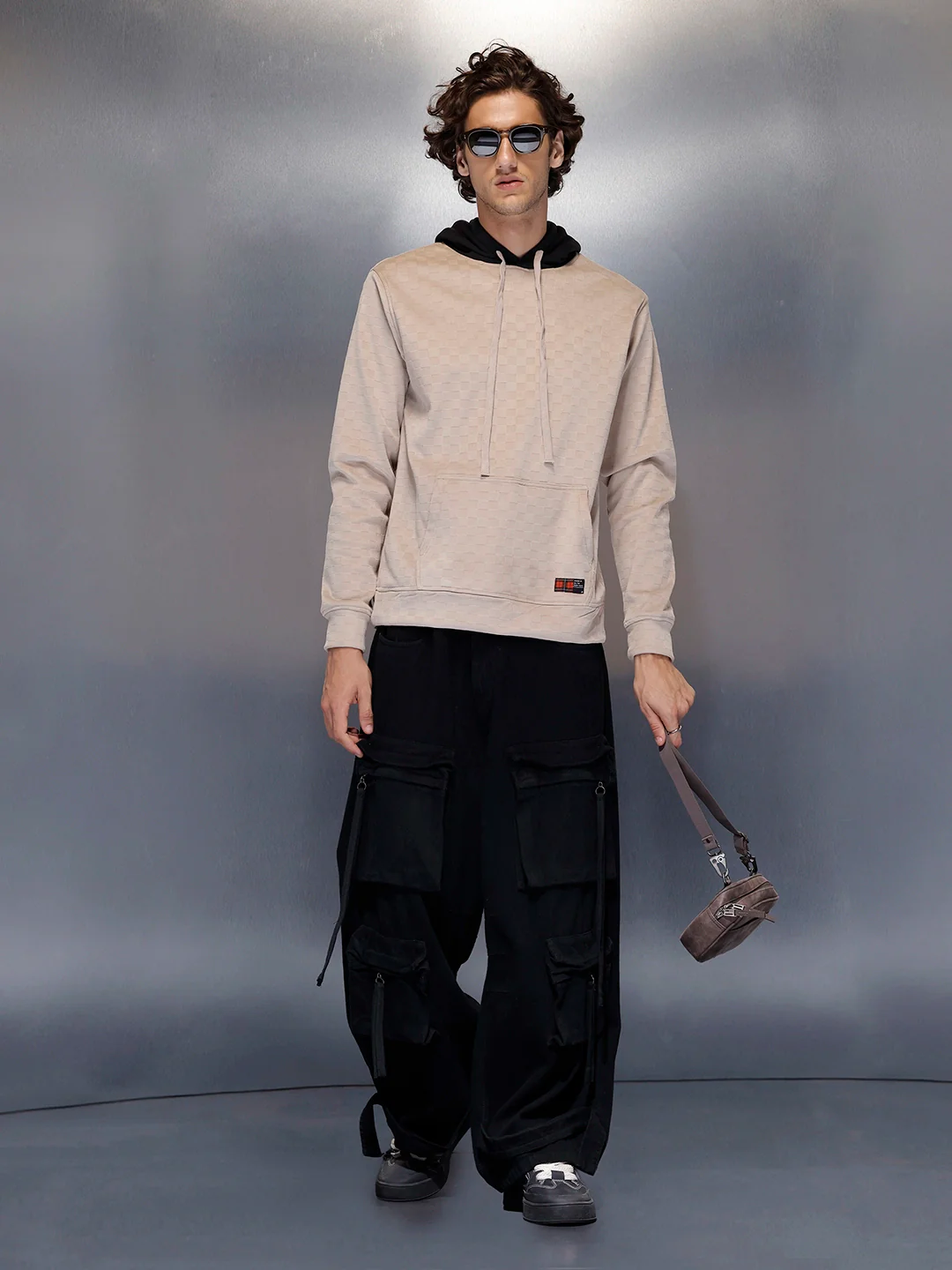 Men’s check-textured & black hoodie | Beige - Image 3