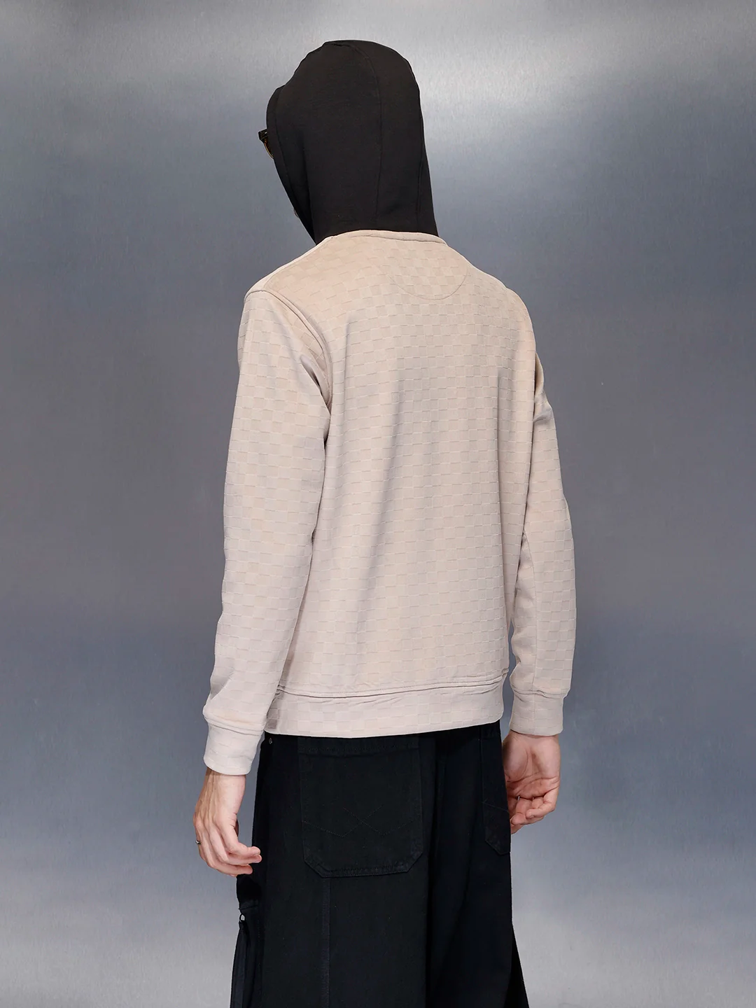 Men’s check-textured & black hoodie | Beige - Image 2