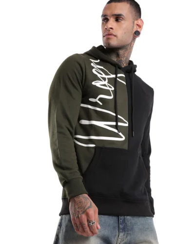 Printed Olive Colour-blocked Hoodie