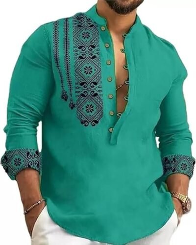 DEELMO Men's Cotton Blend Mandarin Collar Self One Design Full Sleeve Casual Short Kurta