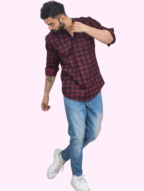 SAAV Mens Small Check Full Sleeve Short Kurta - Image 3