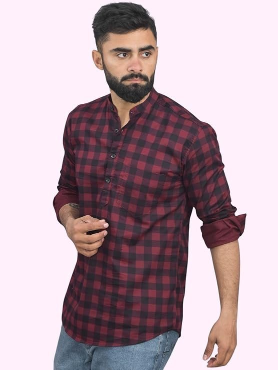 SAAV Mens Small Check Full Sleeve Short Kurta - Image 2
