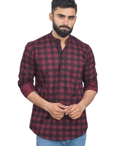 SAAV Mens Small Check Full Sleeve Short Kurta