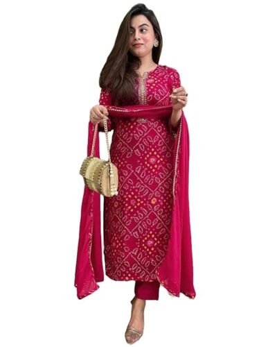 Women's Rayon Viscose Straight Bandhej Printed Kurta with Pant & Dupatta