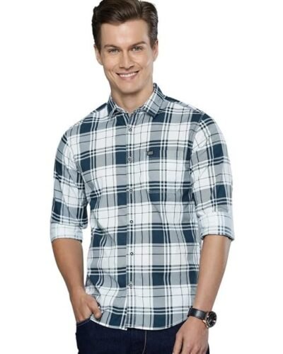 Men's Cotton Slim Fit Checkered Full Sleeves Cutaway Collar Casual Shirt