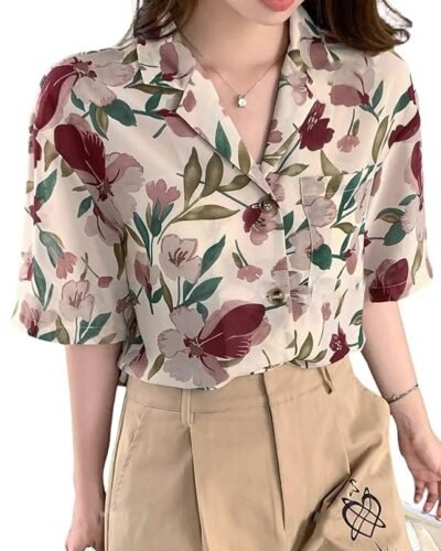 Women Crepe Oversized Shirt Korean Casual Short Sleeve Loose Fit Top