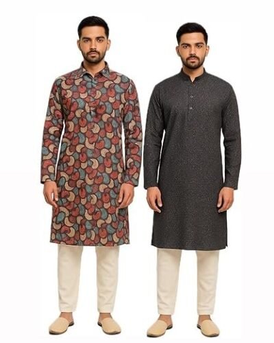 Men's Cotton Kurta Set of 2 – 3D Printed Multicolor & Solid Black | Ethnic Long Kurta