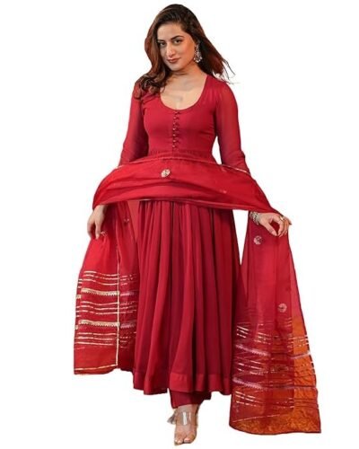 GoSriKi Women's Rayon Blend Anarkali Solid Kurta with Pant & Dupatta
