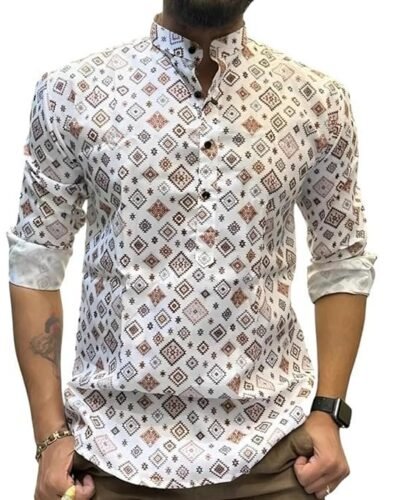 Cotton Men's Printed Kurta | Shirt Type Kurta | Full Sleeve | Casual Wear | Mandarin Neck | Men's Kurta