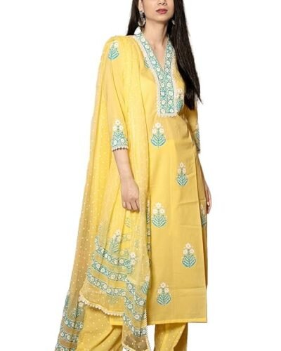 Cotton Blend Straight Hand Block Printed Kurta with Pant & Dupatta