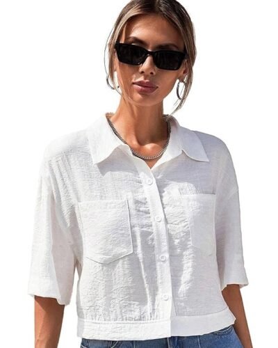 V-Collar Solid Crop Shirt for Women with Half Sleeves