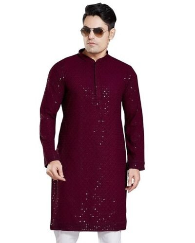 Men's Sequince Embroidered Cotton Blend Only Slim Fit Kurta